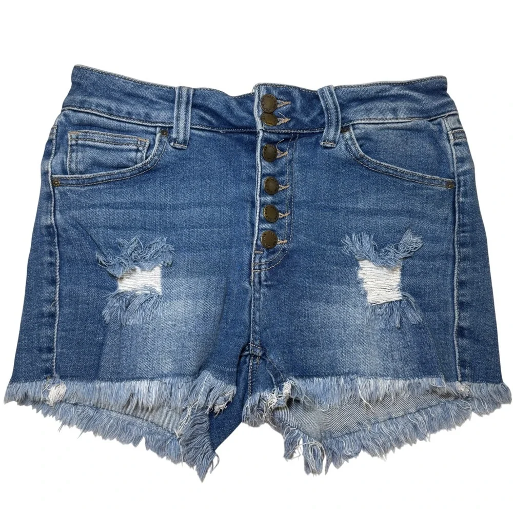 WAX Jean Los Angeles Distressed High Waisted Button Fly Denim Shorts Medium Wash
